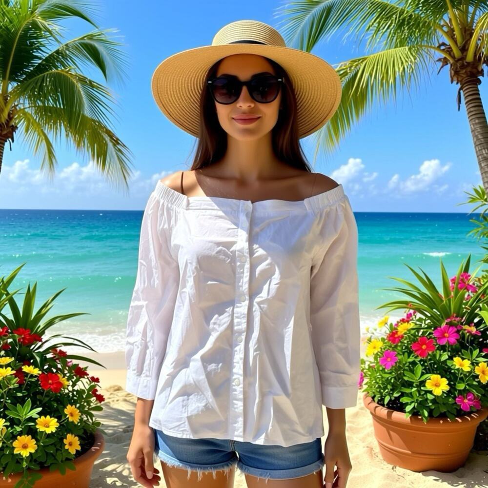 Only Womens Off the Shoulder Blouse Size M White Smocked Back Cotton 3/4 Sleeves